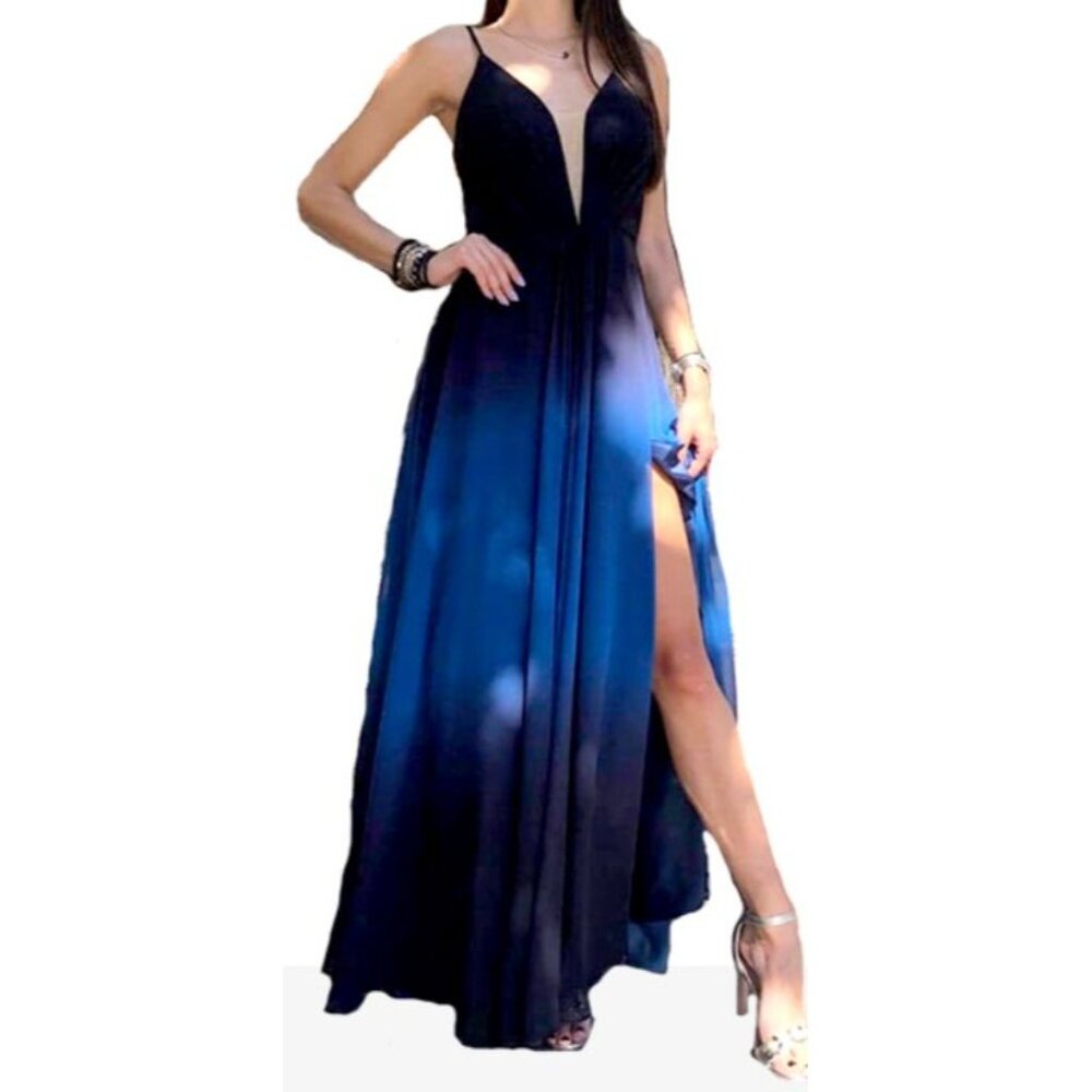 Betsy & Adam Formal Maxi Dress Ombre Blue & Black Chiffon Lace up Open Back Sz 6 - Picture 4 of 15